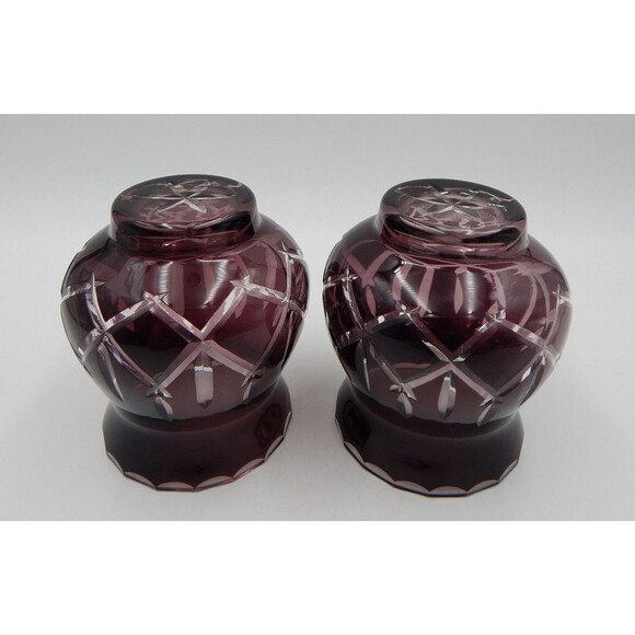 Gorham Crystal Lady Anne Hurricane Candle Holders Amethyst 5 In Cut To Clear/2 - Picture 8 of 9